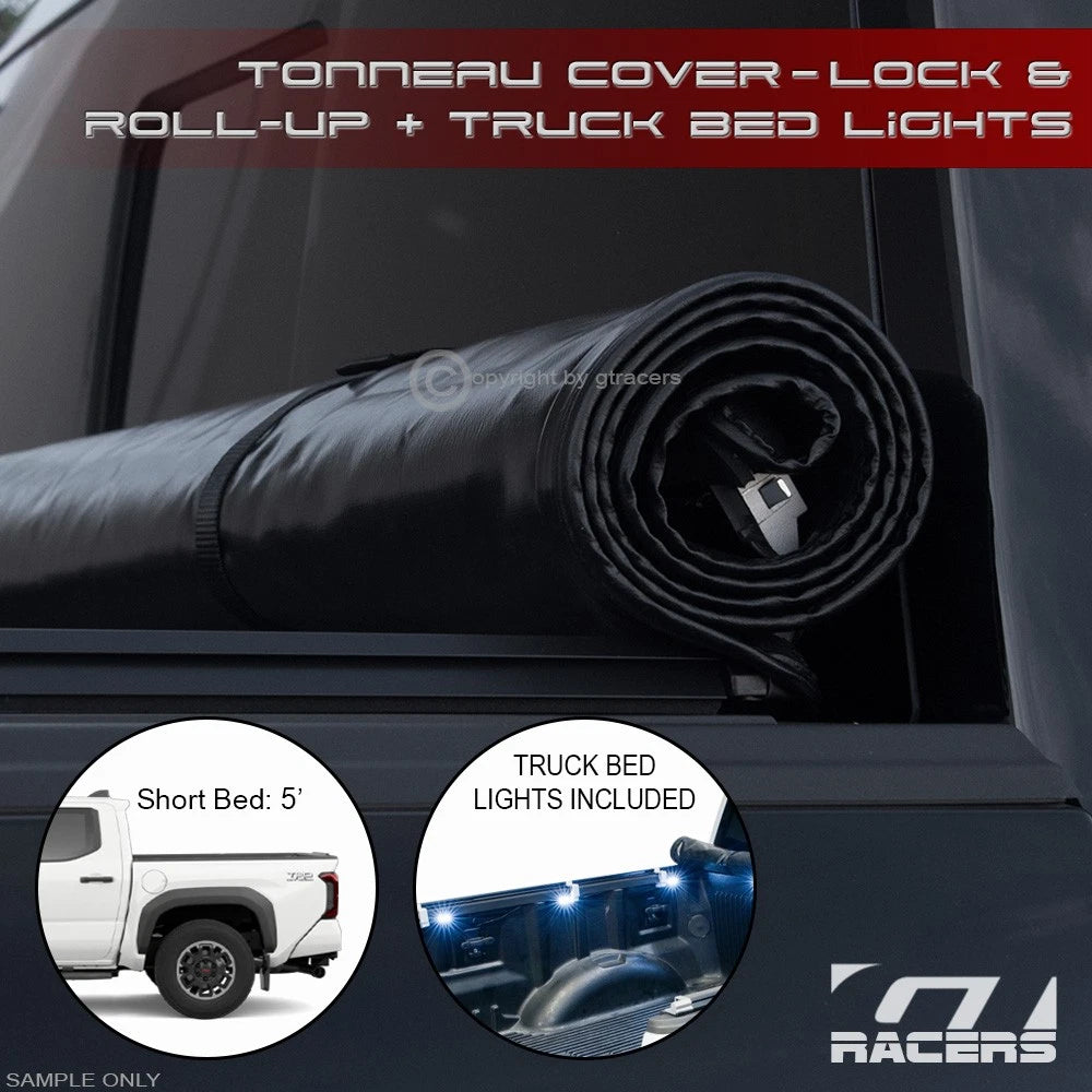 2024-2025 Tacoma 5 Ft 60" Short Bed Lock & Roll-Up Tonneau Cover+LED Lights