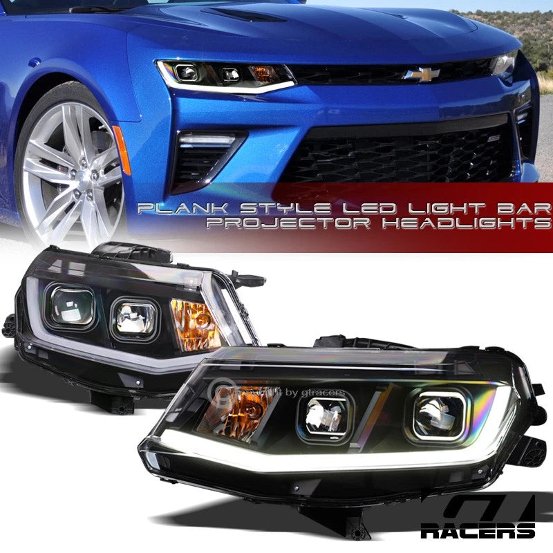 2016-2018 Chevy Camaro Matte Blk DRL LED Strip Tube Bar Projector Headlights