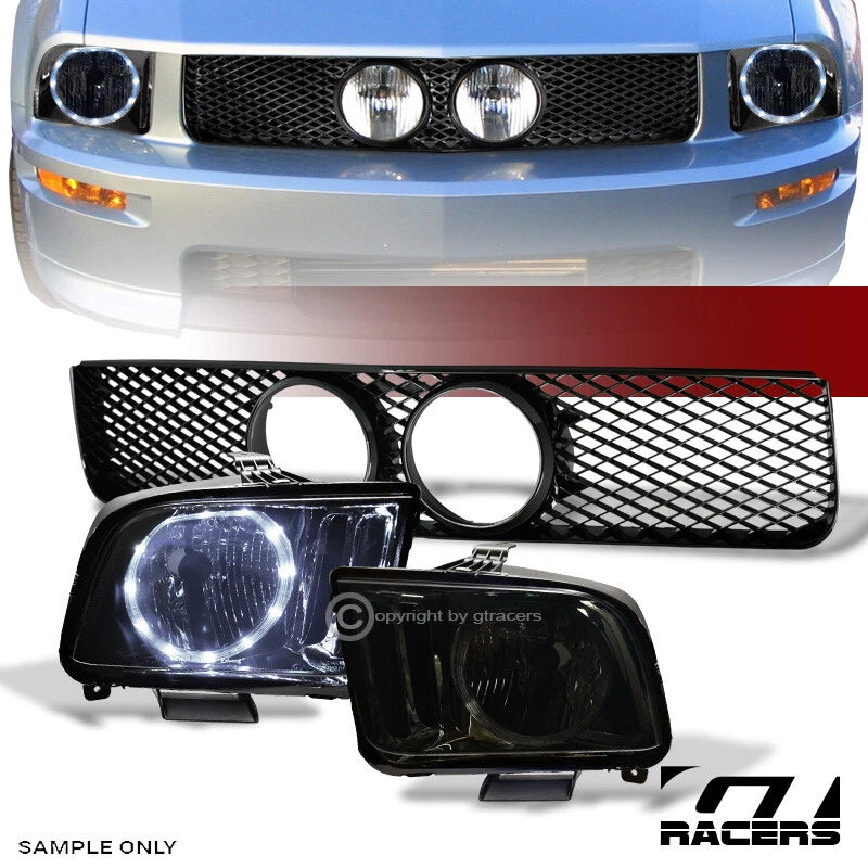 2005-2009 Ford Mustang GT Halo LED Smoke Headlights+Black Mesh Front Grille