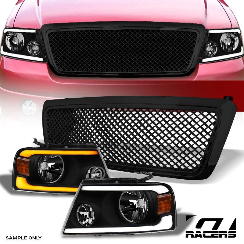 2004-2008 Ford F150 Blk Sequential LED Tube Bar Headlights Amber+Mesh Grille