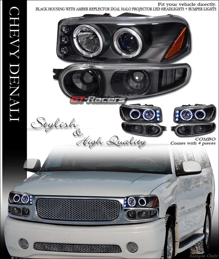 Blk Halo Led Projector Headlights+Bumper Signal Jy 00-06 Sierra Yukon Denali