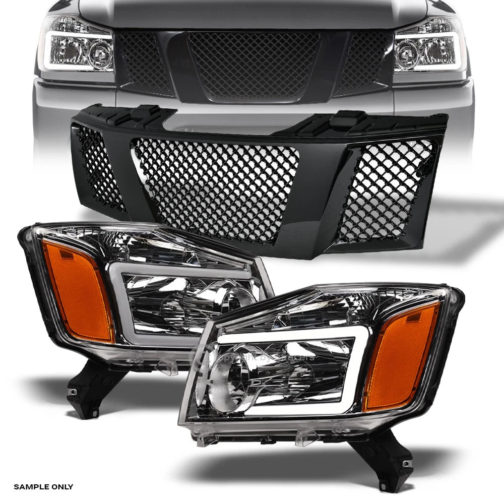 2004-2007 Titan/Armada Chrome LED Tube Bar Headlights Amber+Blk Mesh Grille