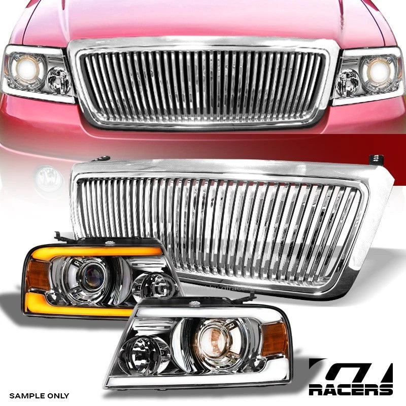 04-08 F150 Chrome Sequential LED Tube Projector Headlights A+Vertical Grille