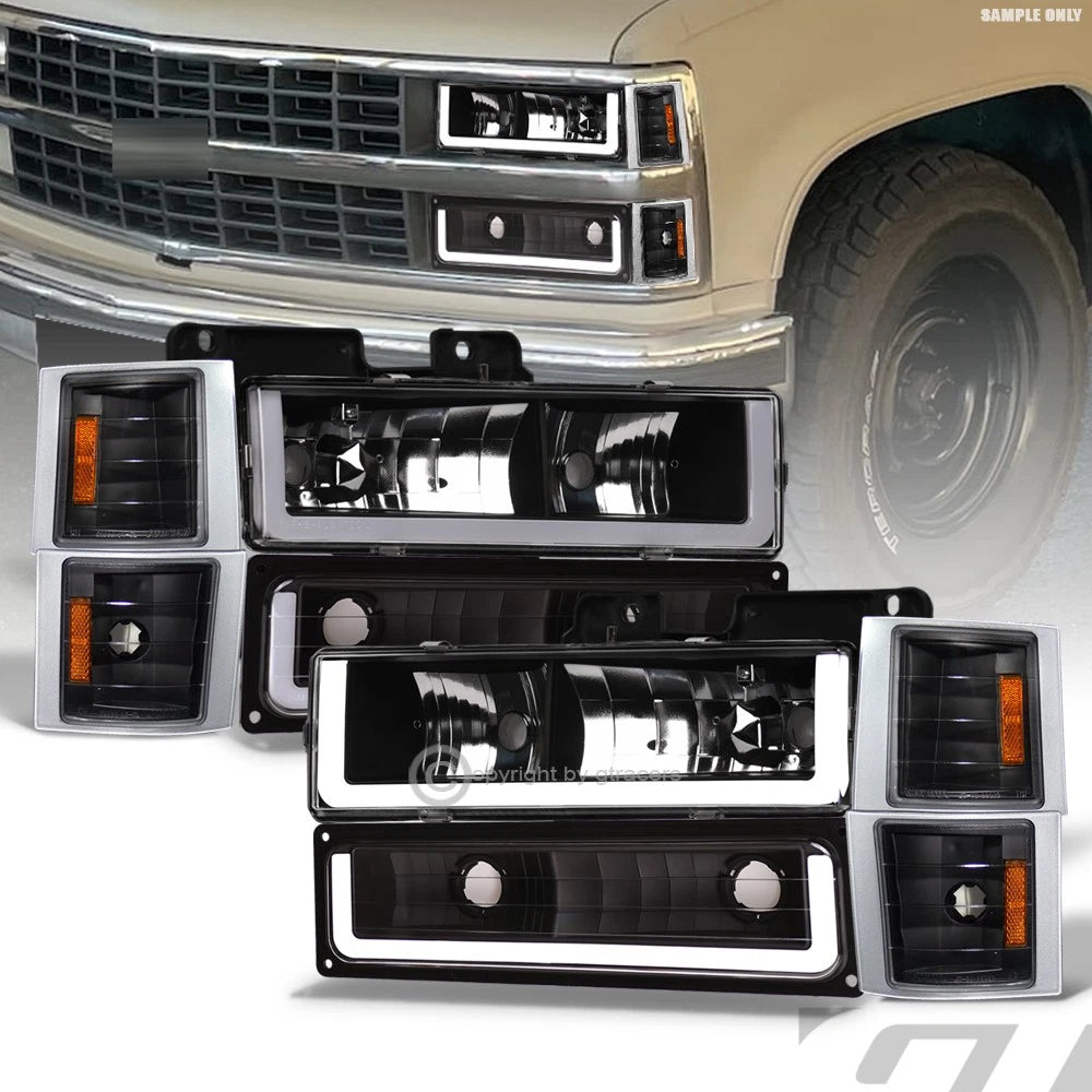 1994-2000 Chevy C10 CK Blk Headlights+Bumper+k2 Corner Signal Amber+LED Tube