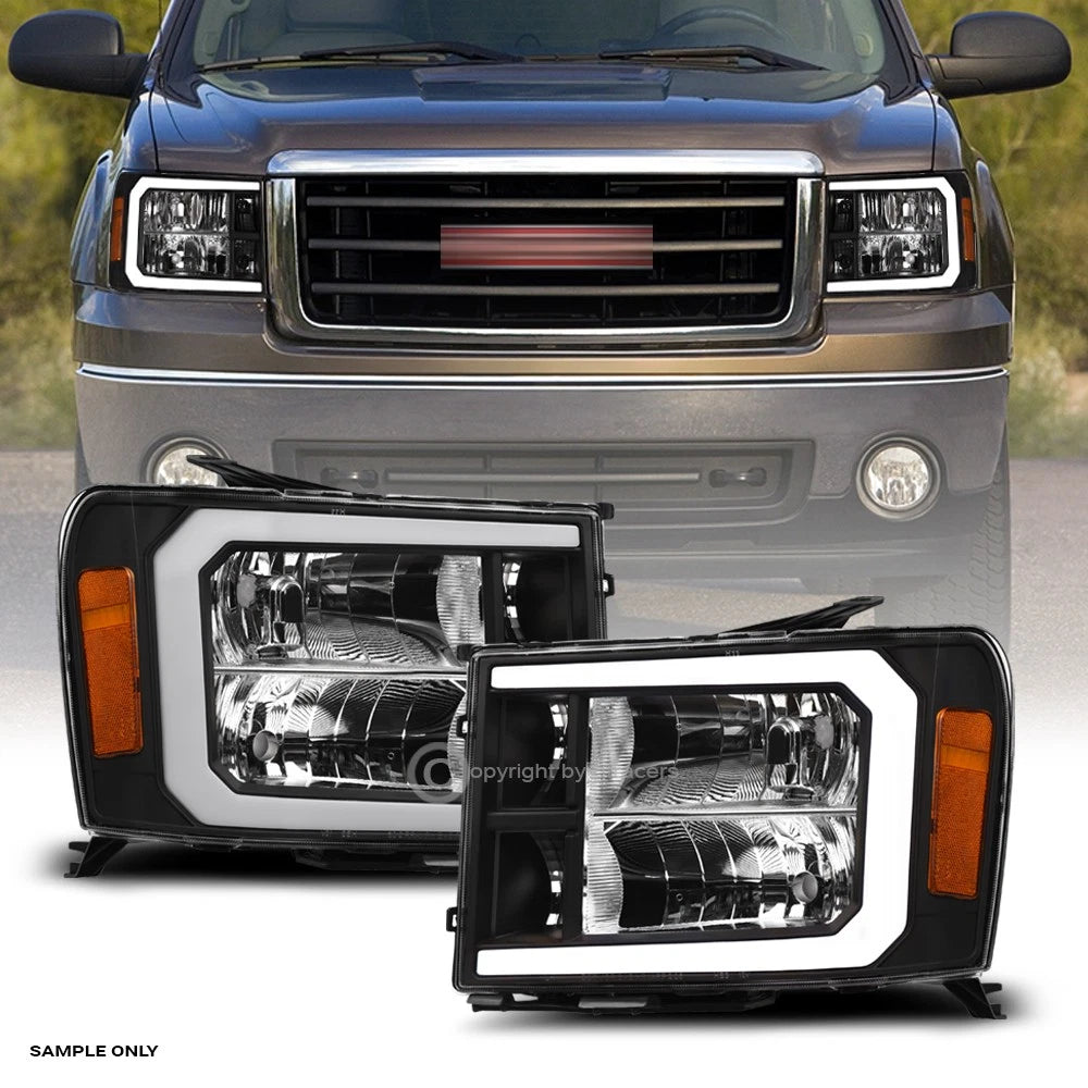 2007-2014 GMC Sierra Blk Crystal Headlights Signal Amber w/DRL LED Tube Bar