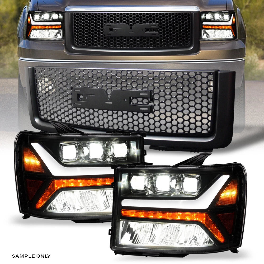 07-13 Sierra 1500 Blk Full LED Sequential Projector Headlights A+Mesh Grille