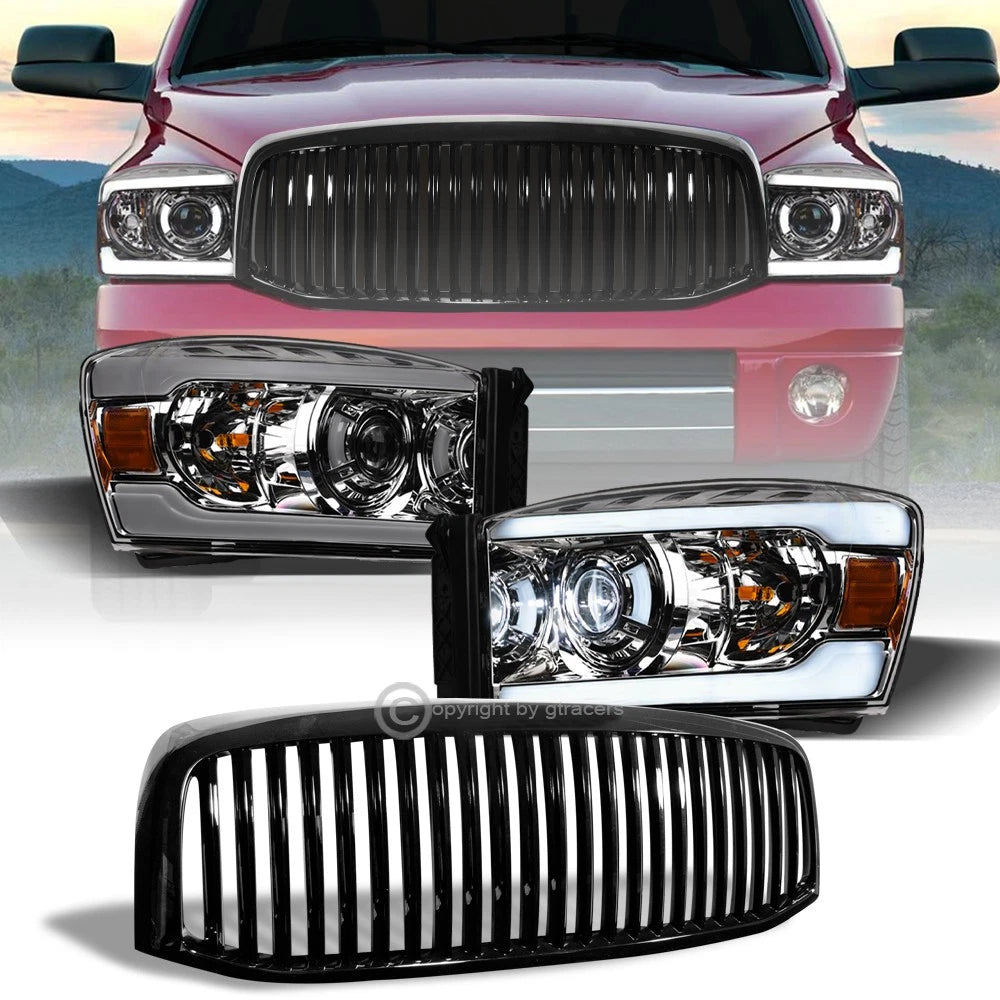 06-09 Ram Chrome Full LED Tube Projector Headlights Amber+Blk Vertical Grill