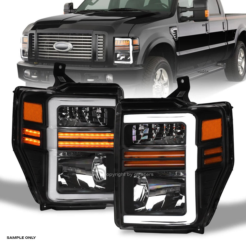 Sequential 2008-2010 Ford F250/F350 Superduty Blk Headlights w/LED Tube Bar