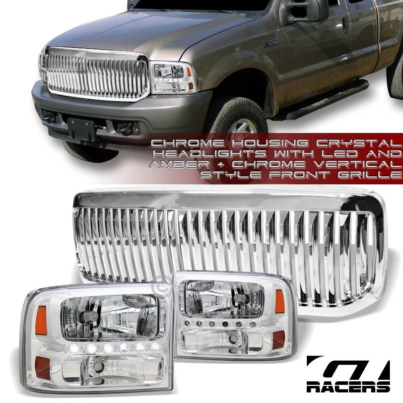 Chrome Led Headlights Signal Amber 1Pc Ks+Vertical Grille 99-04 F250/F350 Sd