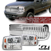 Chrome Led Headlights Signal Amber 1Pc Ks+Vertical Grille 99-04 F250/F350 Sd