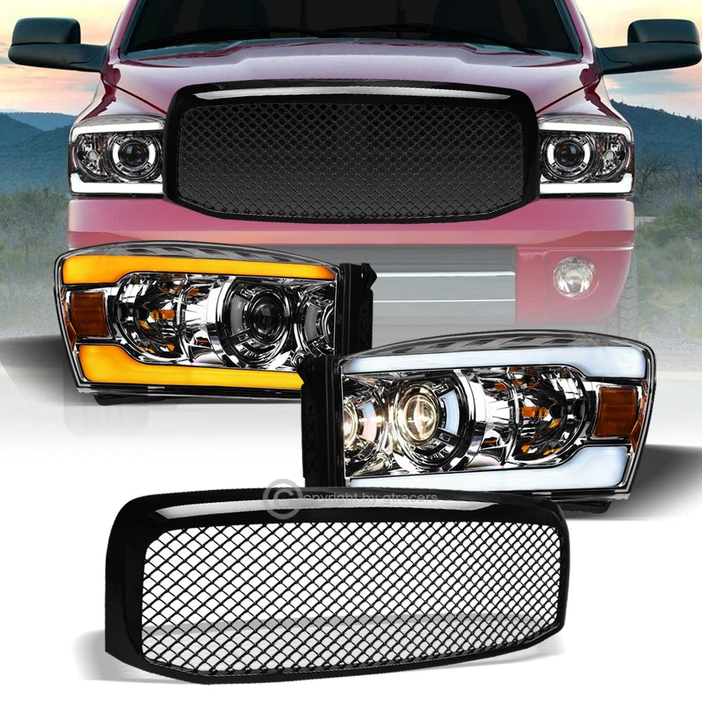 Switchback Sequential 06-09 Ram Chrome LED Bar Pro Headlights+Blk Mesh Grill