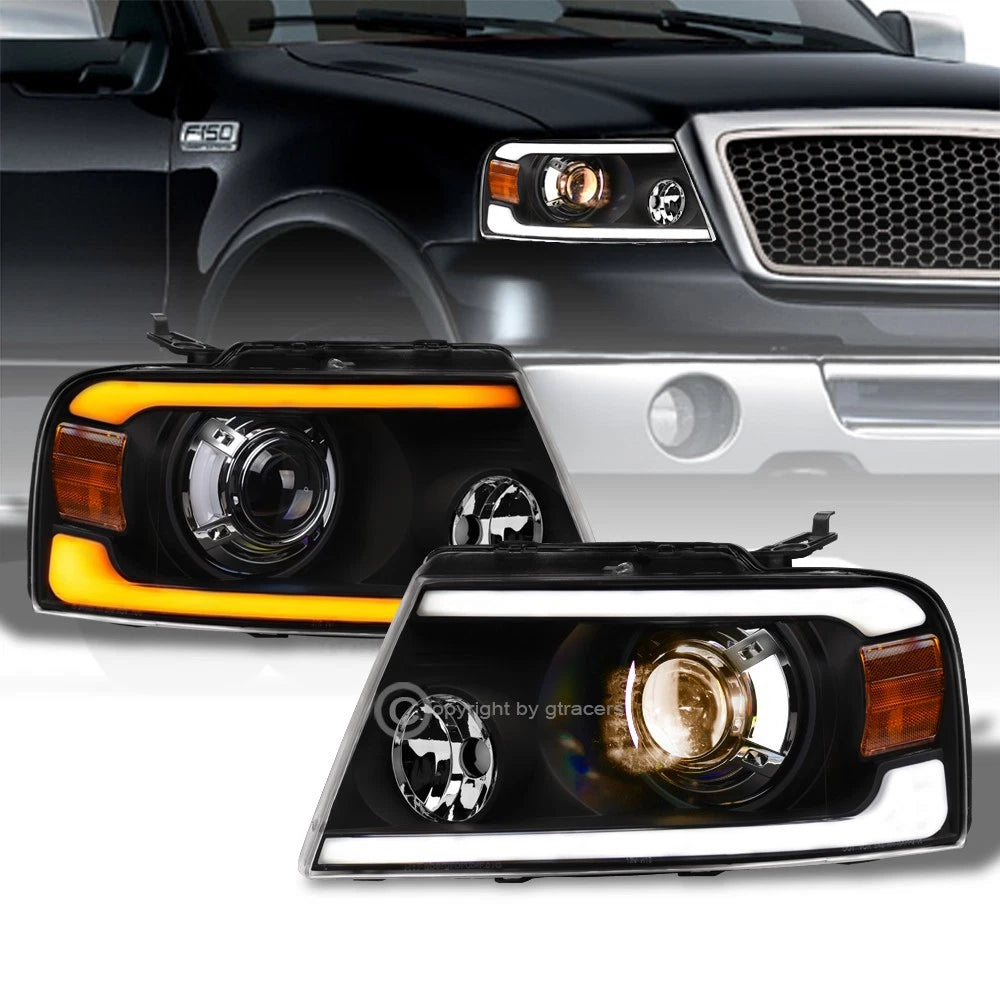 Switchback Sequential 2004-2008 F150 Blk Projector Headlights w/LED Tube Bar