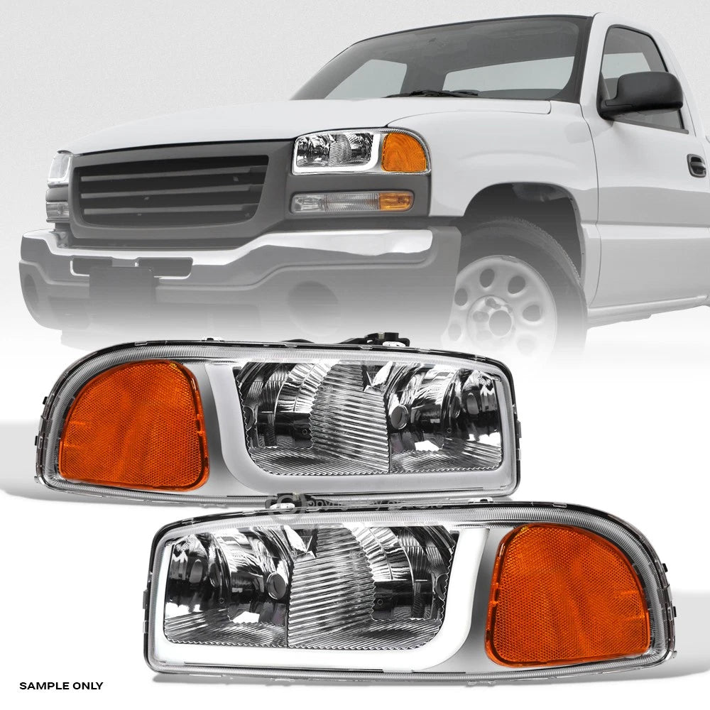 1999-2006 Sierra/Yukon Chrome Crystal Headlights Signal Amber w/LED Tube Bar