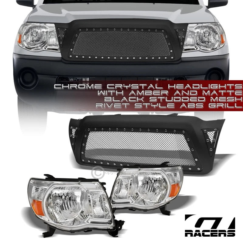 2005-2011 Tacoma Chrome Headlights Signal Amber+Matte Blk Rivet Mesh Grille