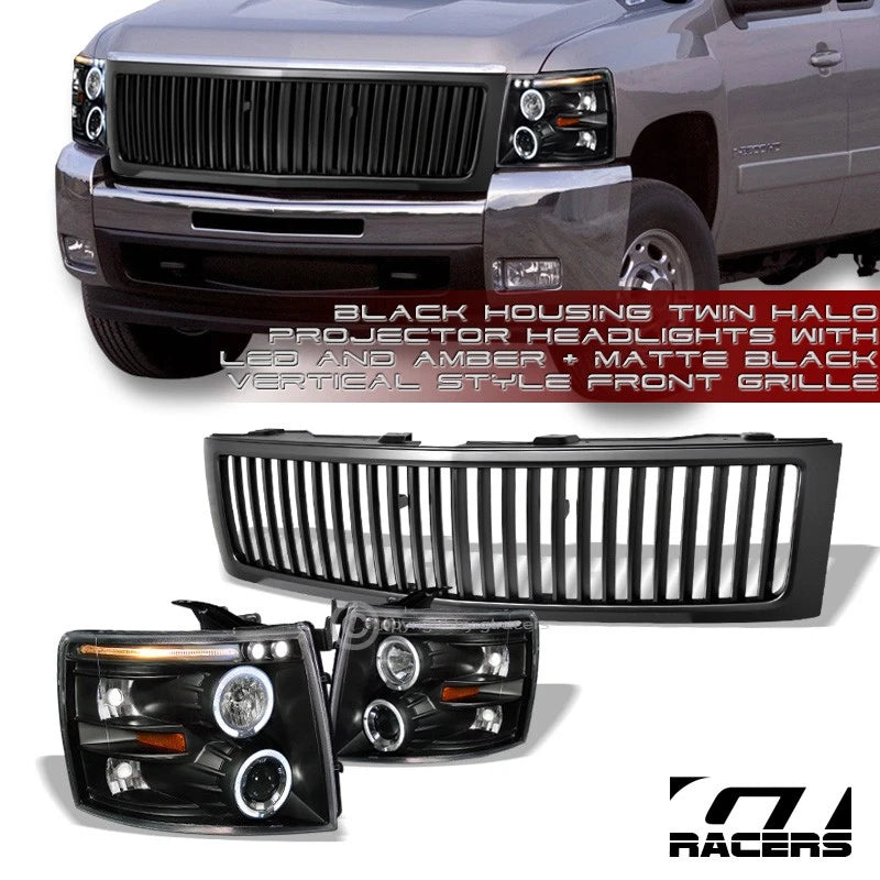 Black Led Halo Projector Headlights Jy+Matte Vertical Grille 07-13 Silverado