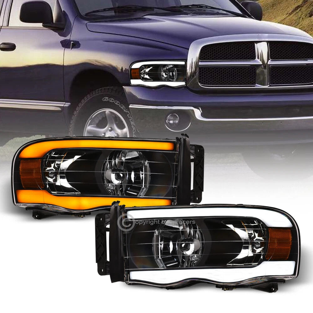 Switchback Sequential 2002-2005 Dodge Ram Blk Headlights w/DRL LED Tube Bar