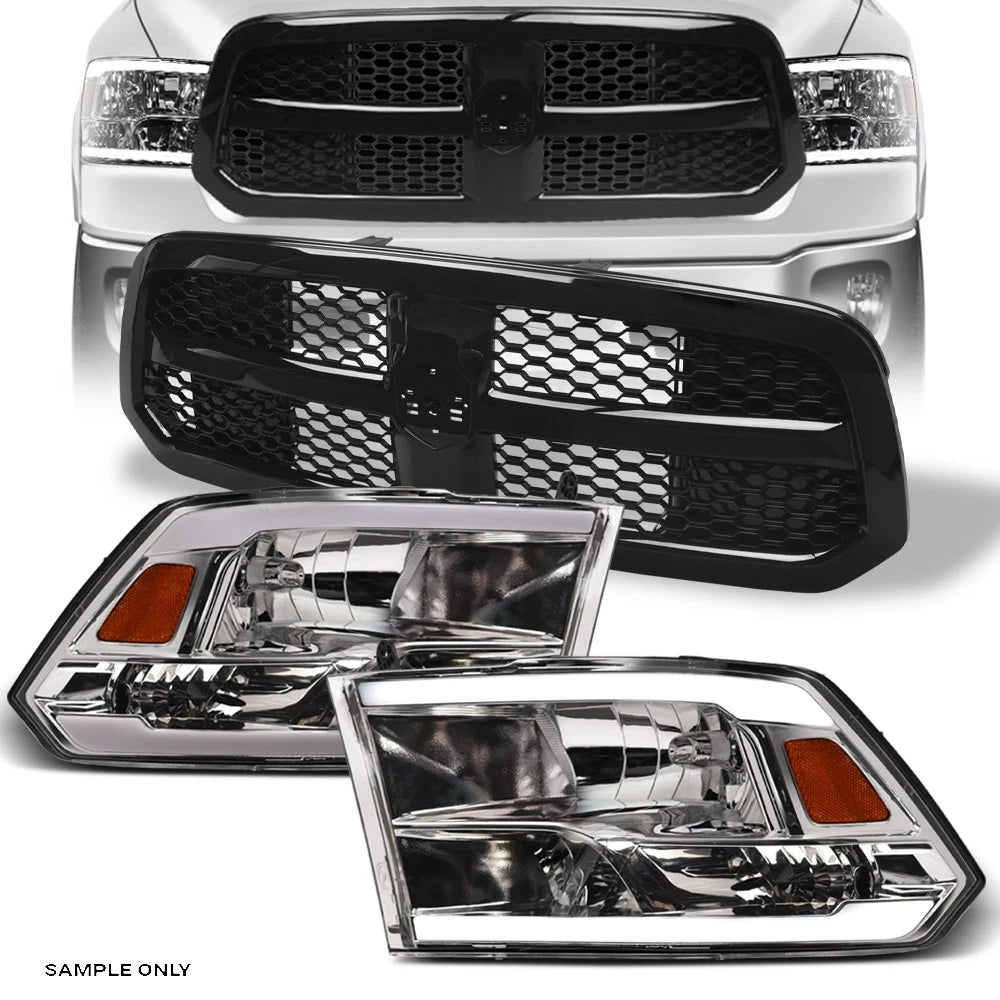 2013-2018 Ram 1500 Chrome LED Bar Headlights Amber+Blk Honeycomb Mesh Grille