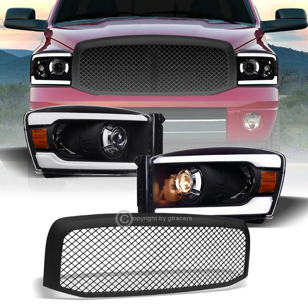 2006-2009 Ram Blk LED Tube Bar Projector Headlights Amber+Matte Mesh Grille
