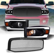 2006-2009 Ram Blk LED Tube Bar Projector Headlights Amber+Matte Mesh Grille