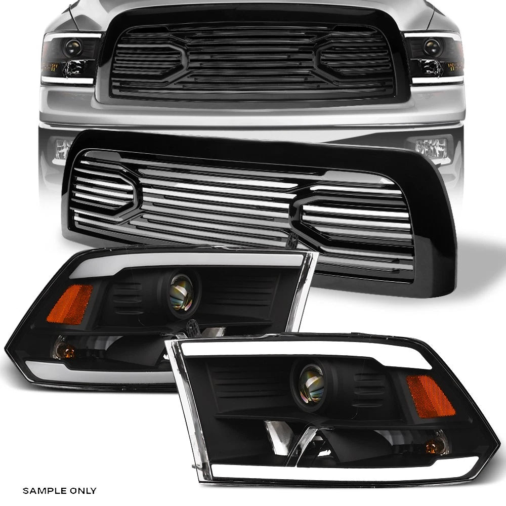 2010-2018 Ram 2500 Black LED Tube Projector Headlights Amber+Big Horn Grille