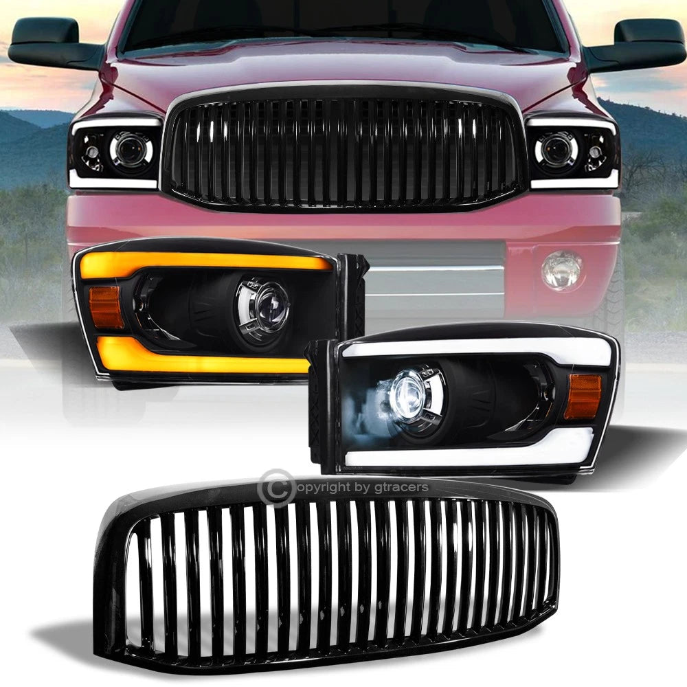 Switchback Sequential 06-09 Ram Blk Full LED Bar Projector Headlight+V Grill