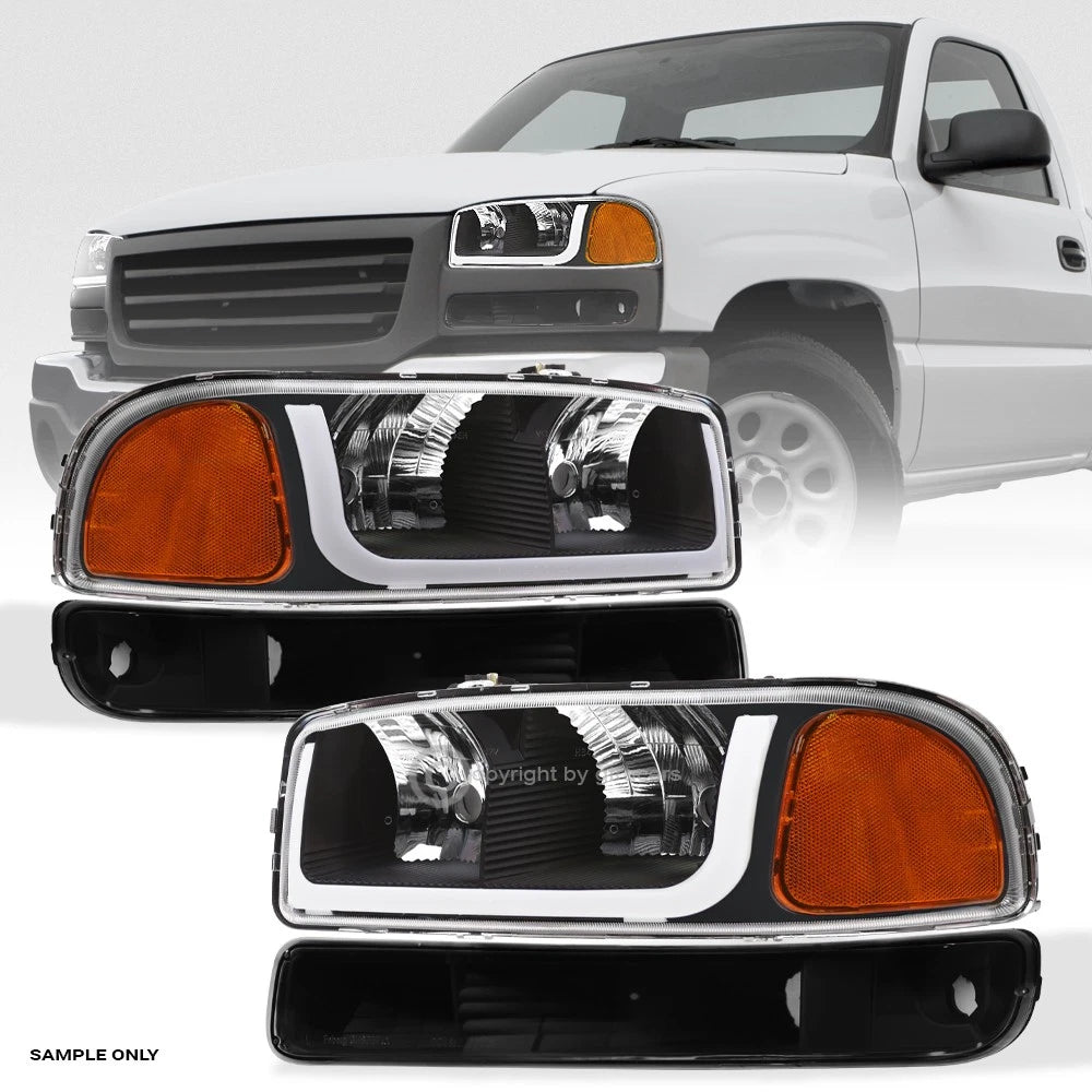 1999-2007 GMC Sierra Blk Headlights+Corner Signal Lamps Amber w/LED Tube Bar