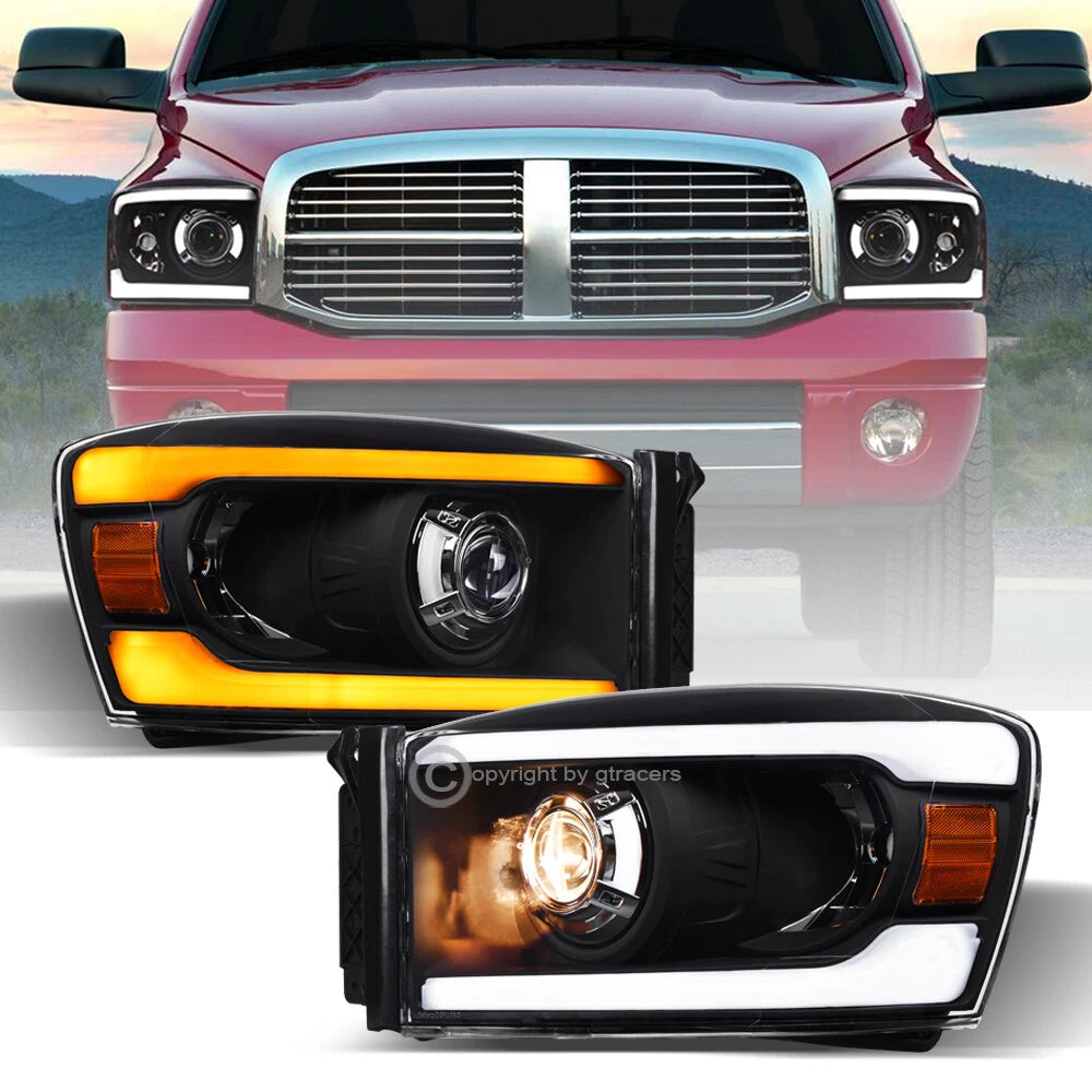 Switchback Sequential 2006-2009 Ram Blk Projector Headlights w/LED Tube Bar