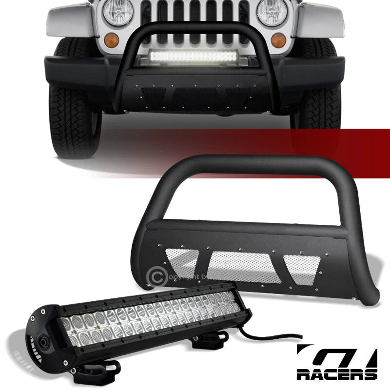 2007-2009 Jeep Wrangler JK Matte Black Studded Mesh Bull Bar+120W LED Light