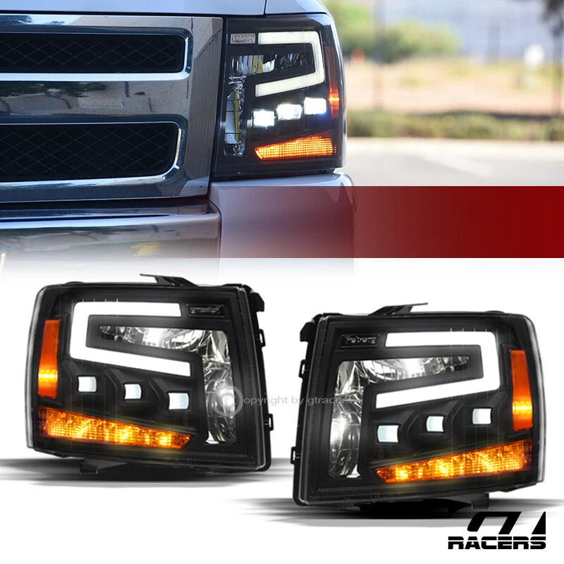2007-2014 Silverado Black Full LED Sequential Tube Tri Projector Headlights