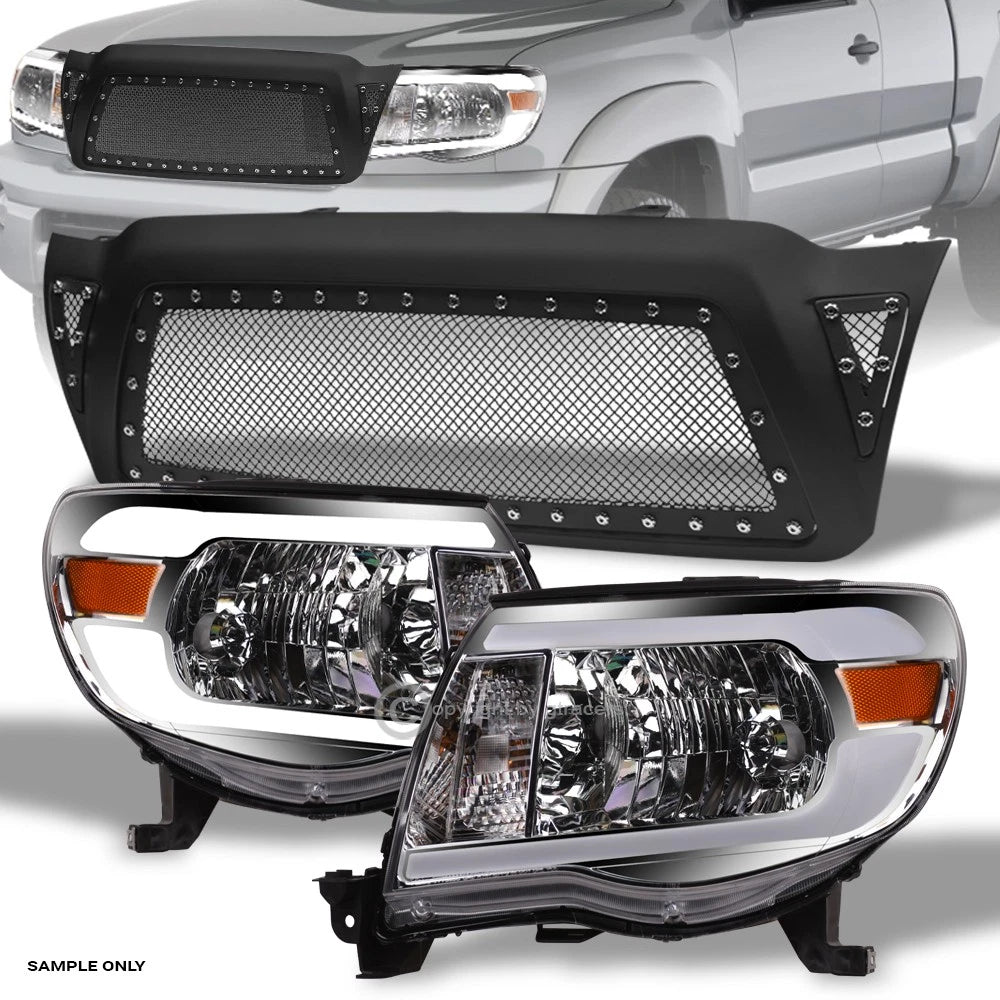 2005-2011 Tacoma Chrome LED Bar Headlights A+Matte Blk Rivet Bolt Mesh Grill