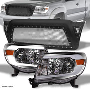 2005-2011 Tacoma Chrome LED Bar Headlights A+Matte Blk Rivet Bolt Mesh Grill