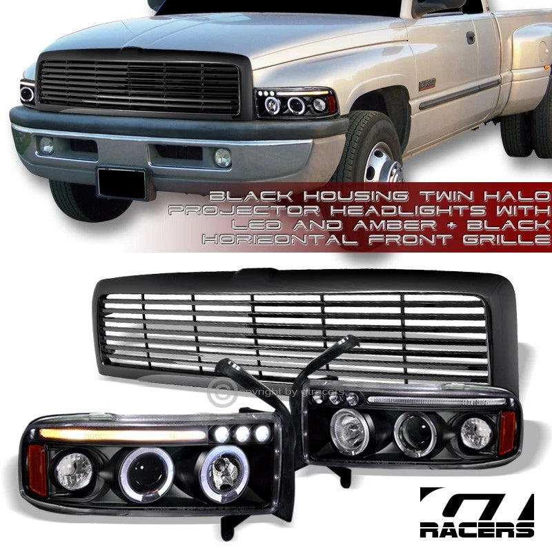 Blk Halo Led Projector Headlights Amber Aw+Horizontal Front Grille 94-02 Ram