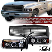 Blk Halo Led Projector Headlights Amber Aw+Horizontal Front Grille 94-02 Ram