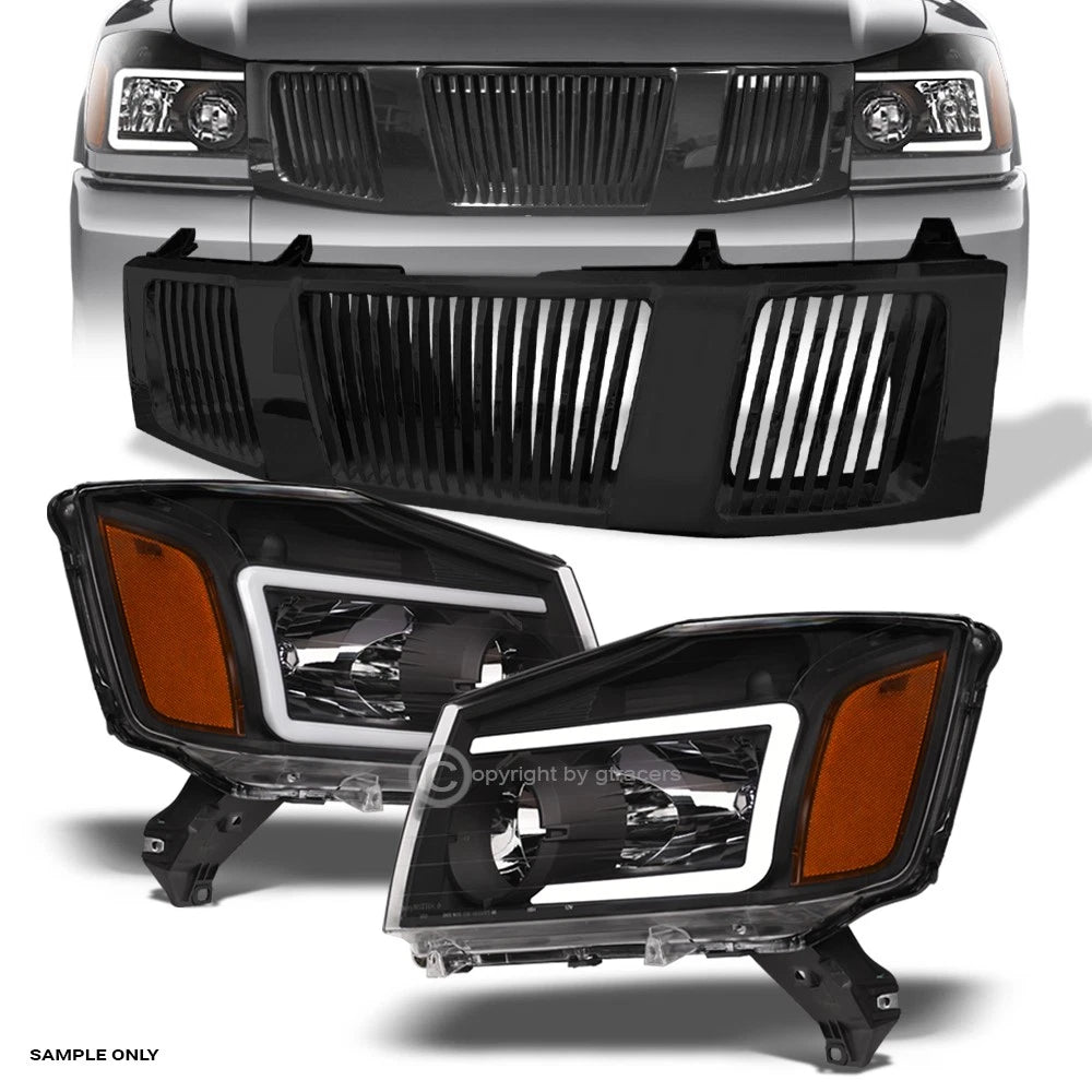 2004-2007 Titan/Armada Black LED Tube Headlights Amber+Vertical Front Grille