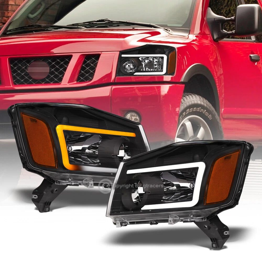 Switchback Sequential 2004-2015 Nissan Titan Black Headlights w/LED Tube Bar