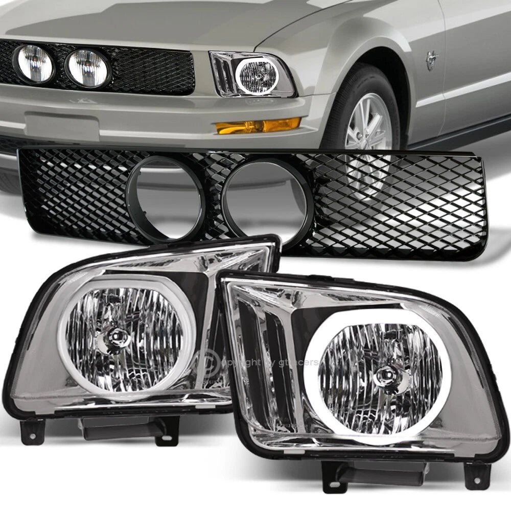 2005-2009 Mustang GT Chrome LED Halo Headlights+Black Mesh Grille w/Fog Hole