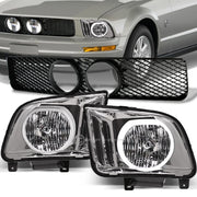 2005-2009 Mustang GT Chrome LED Halo Headlights+Black Mesh Grille w/Fog Hole