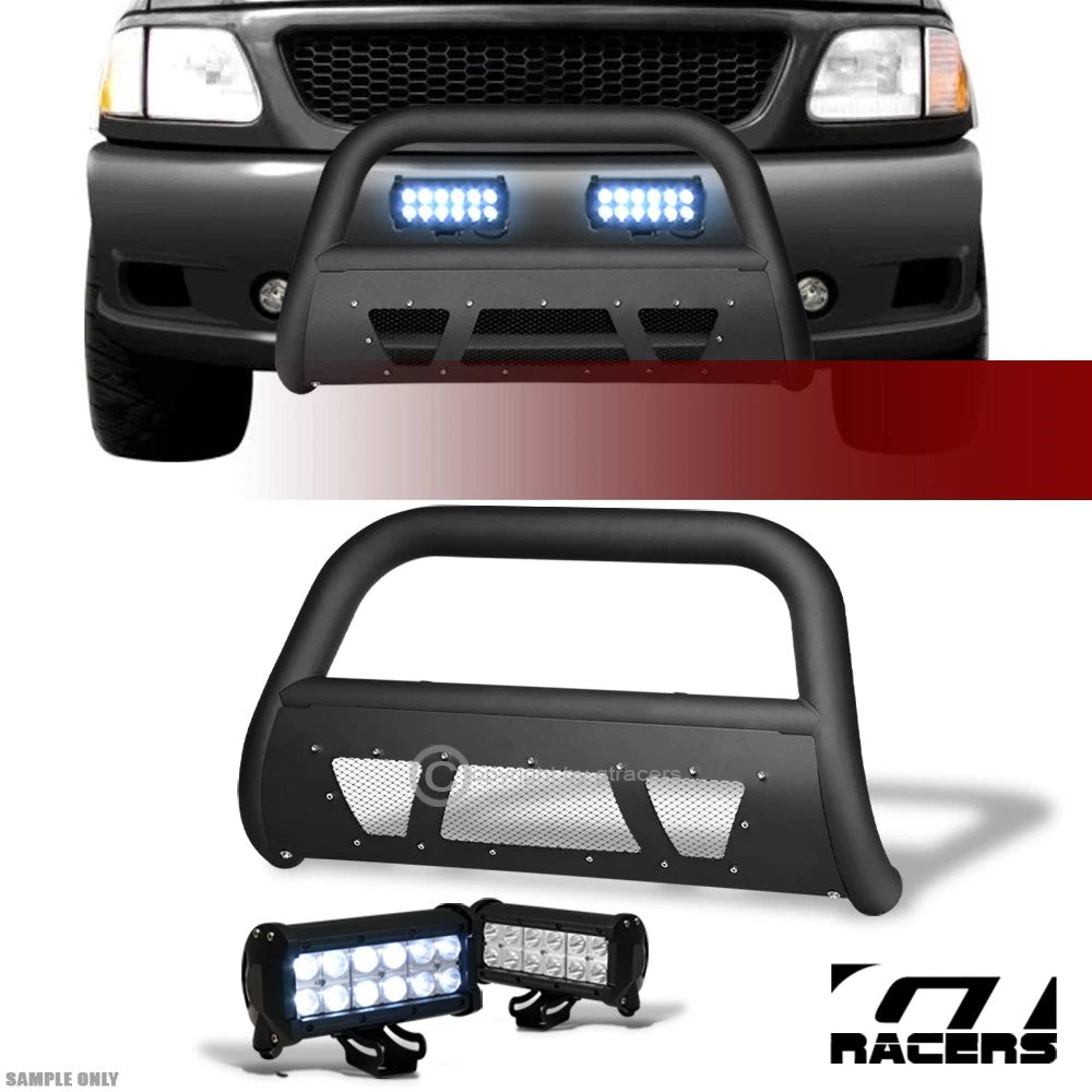 1997-2003 Ford F150/F250 Matte Blk Studded Mesh Bull Bar+36W CREE LED Lights