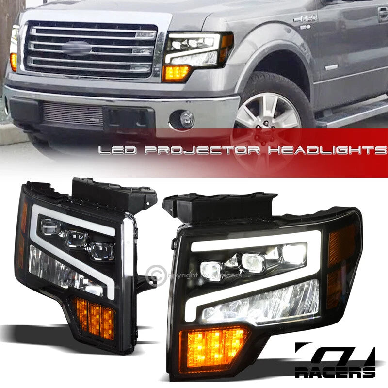 2009-2014 Ford F150 Black Full LED Sequential Tube Tri Projector Headlights
