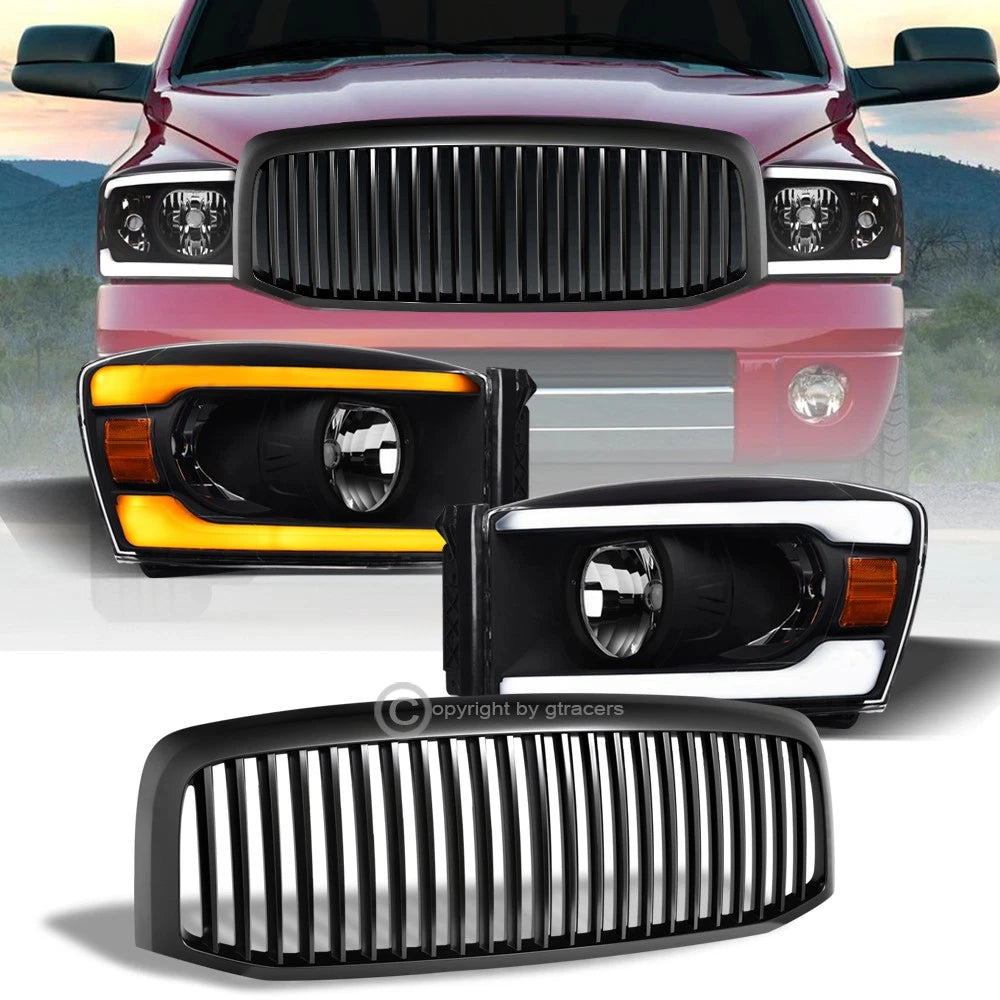 Switchback Sequential 06-09 Ram Blk LED Tube Headlights Amber+Matte V Grille