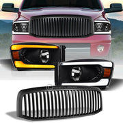 Switchback Sequential 06-09 Ram Blk LED Tube Headlights Amber+Matte V Grille