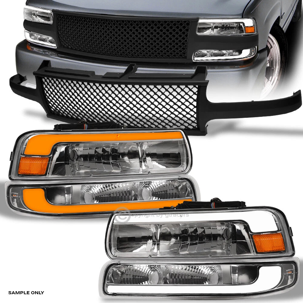 Sequential 00-06 Suburban/Tahoe Chrome LED Headlights Am+Matte Blk M Grille