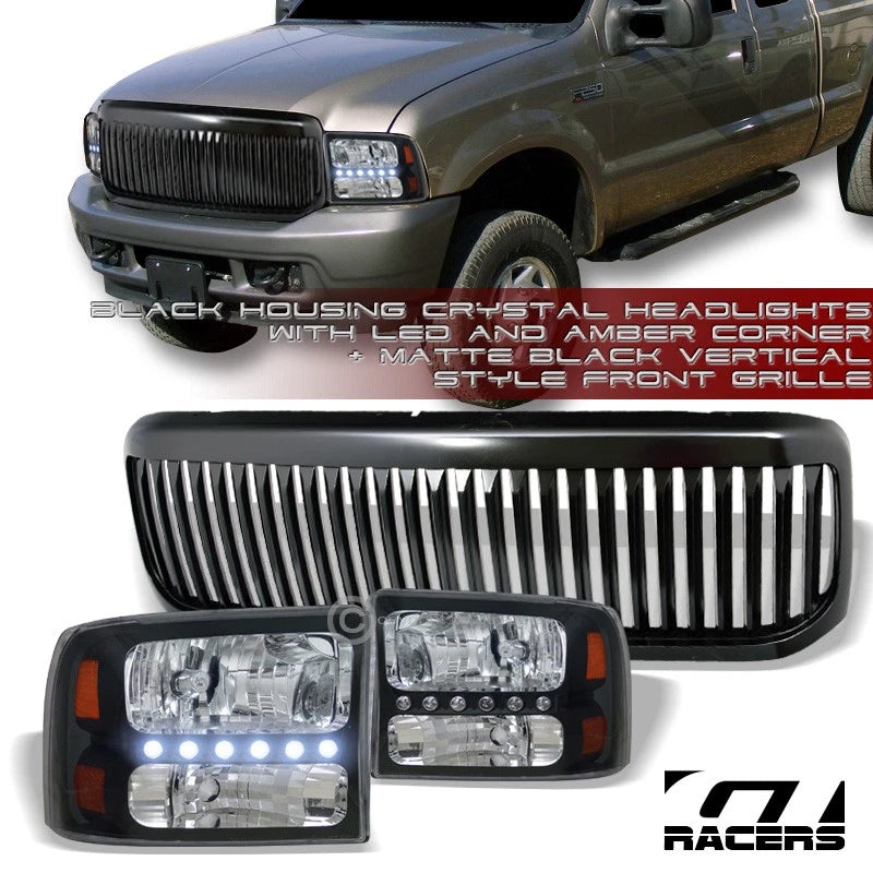 Black Led Headlights Signal Amber 1Pc Ks+Vertical Grille 99-04 F250/F350 Sd