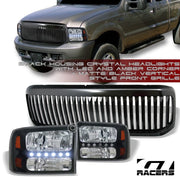 Black Led Headlights Signal Amber 1Pc Ks+Vertical Grille 99-04 F250/F350 Sd