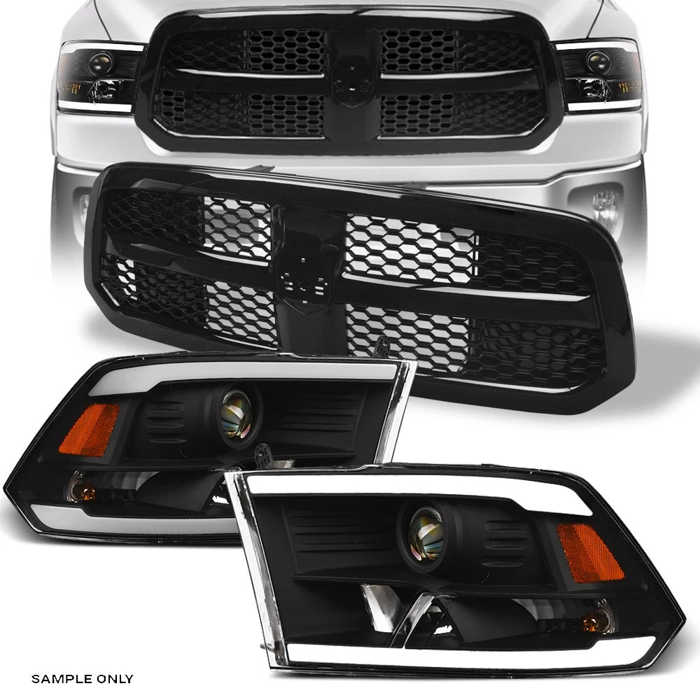13-18 Ram 1500/Classic Black LED Tube Projector Headlights Amber+Mesh Grille