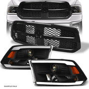 13-18 Ram 1500/Classic Black LED Tube Projector Headlights Amber+Mesh Grille