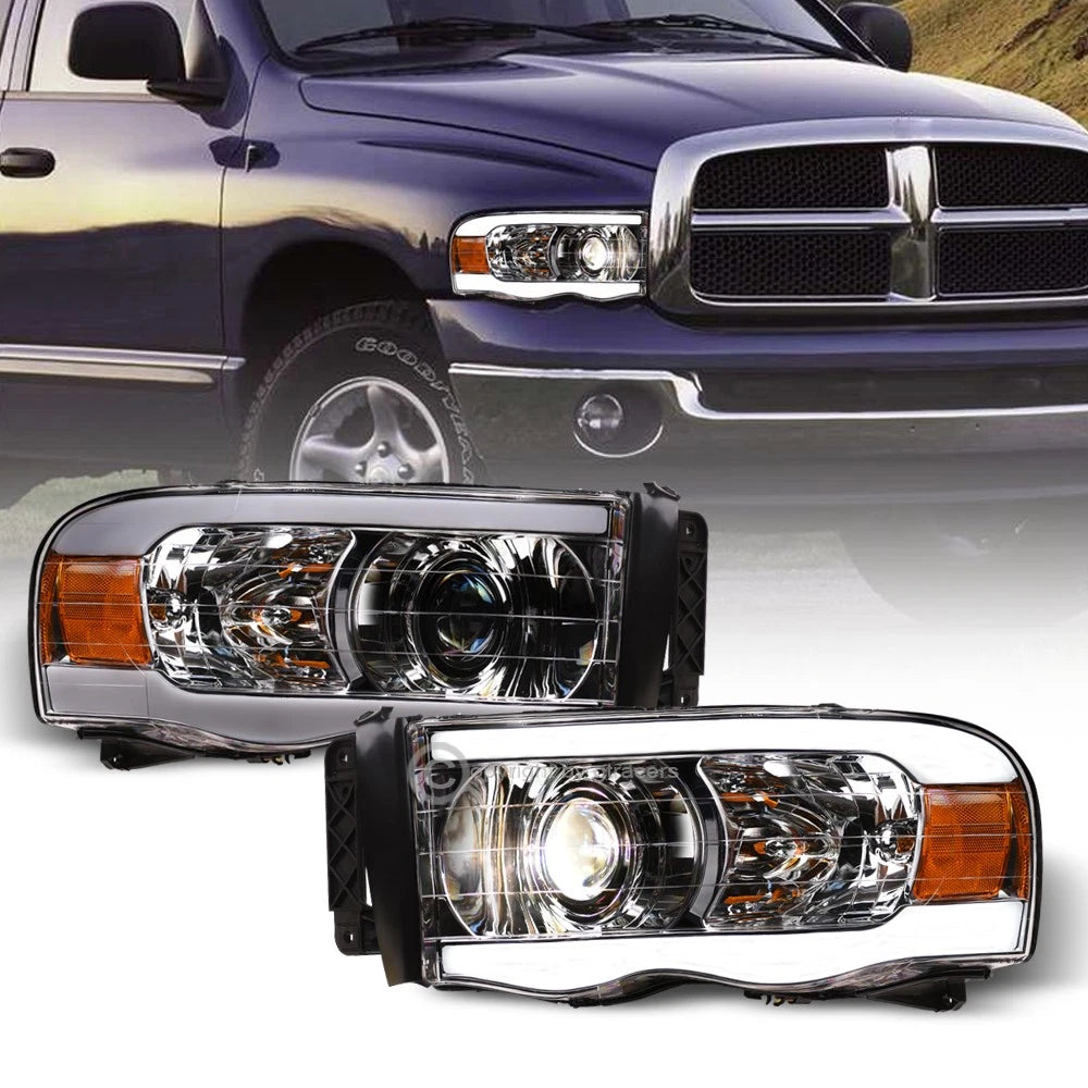 2002-2005 Dodge Ram Chrome Projector Headlights Signal Amber w/LED Tube Bar