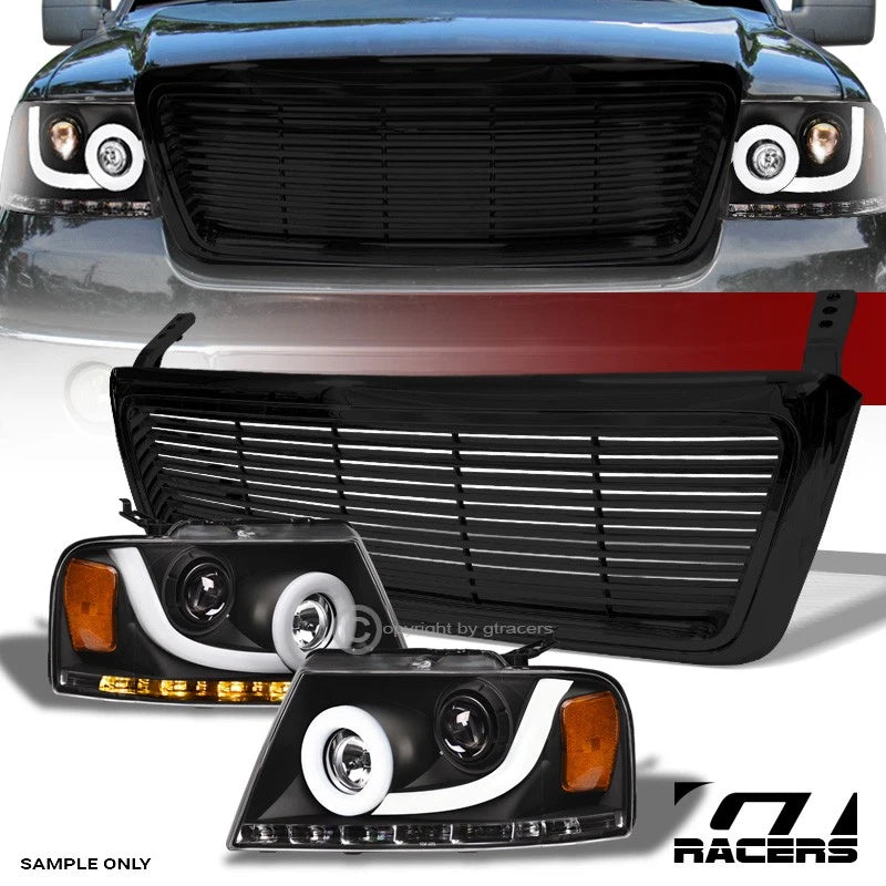 04-08 F150 Black Halo Sequential LED Bar Projector Headlights Amber+H Grille