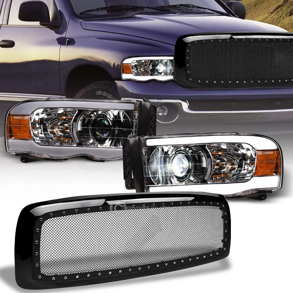 02-05 Ram Chrome Full LED Tube Projector Headlights Am+Blk Rivet Mesh Grille