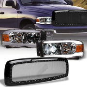 02-05 Ram Chrome Full LED Tube Projector Headlights Am+Blk Rivet Mesh Grille